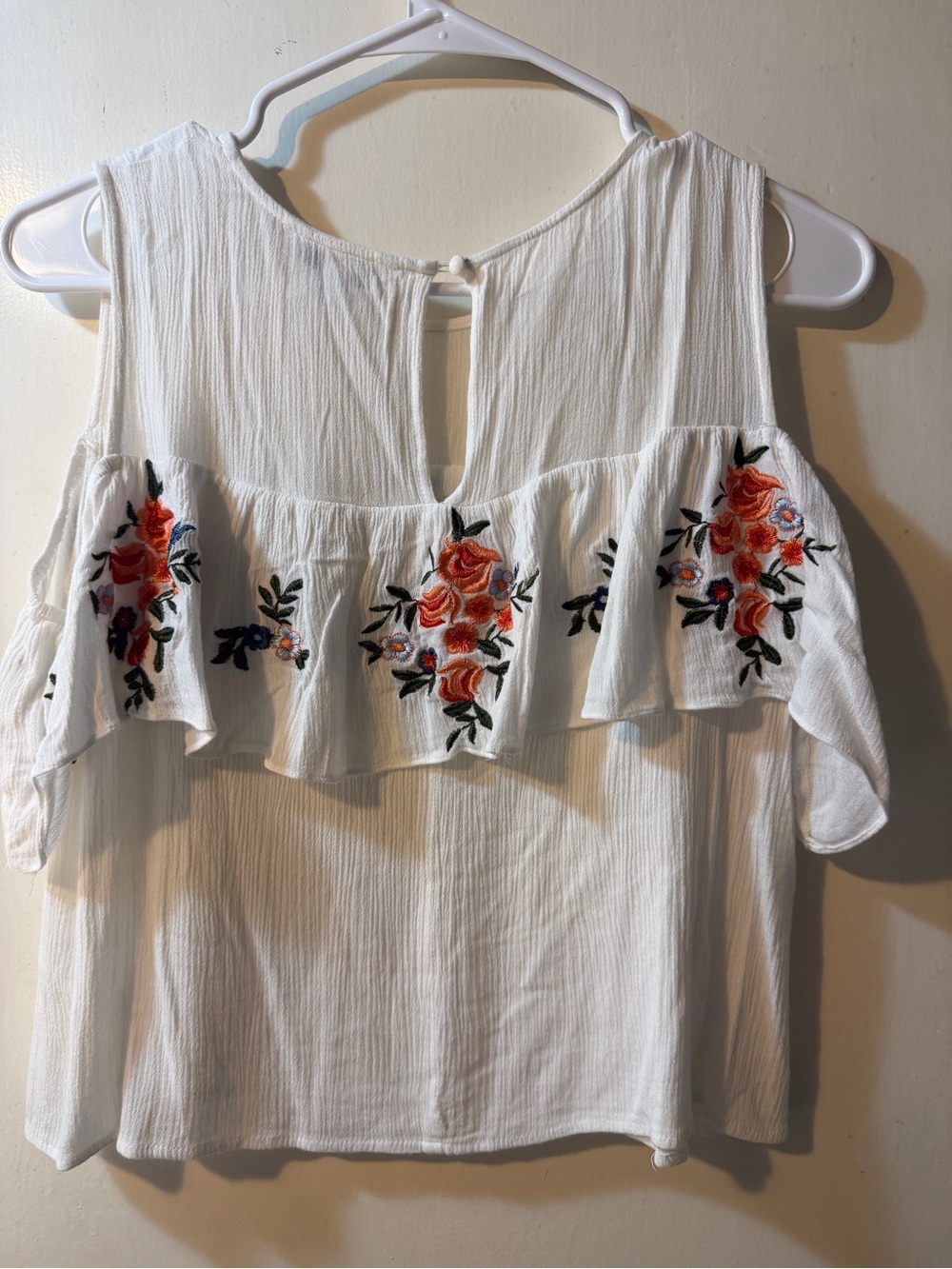 White Cold-Shoulder Embroidered Ruffle Top - Picture 2 of 4